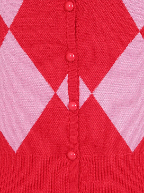 Collectif Liv Diamond Cardigan in Red and Pink Classic Retro Harlequin