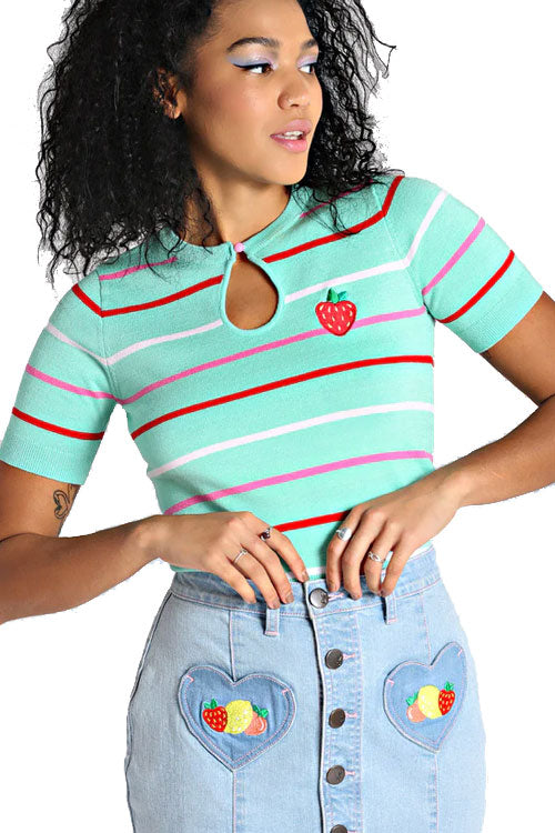 Hell Bunny Berry Cute Top Mint Stripe Knitted with Strawberry Embroidery