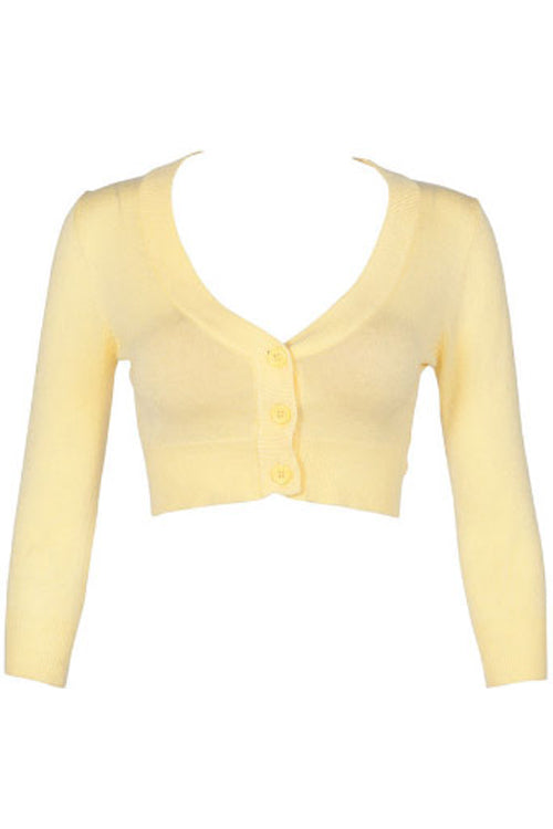 MAK Sweaters Cropped Cardigan with 3/4 Sleeves in Baby Yellow