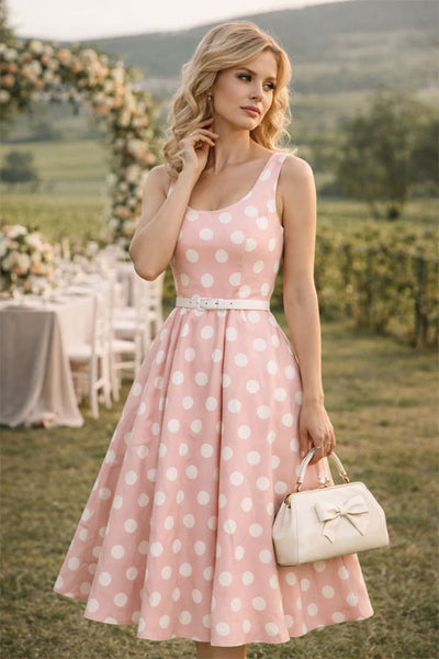 pink polka dot midi dress Dolly & Dotty Ophelia Midi Swing Dress in Pale Pink and White Polka do –  Kitty Deluxe