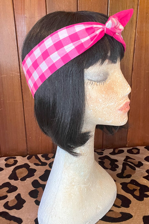 Reversible Wired Headband in Pink Gingham & Pink