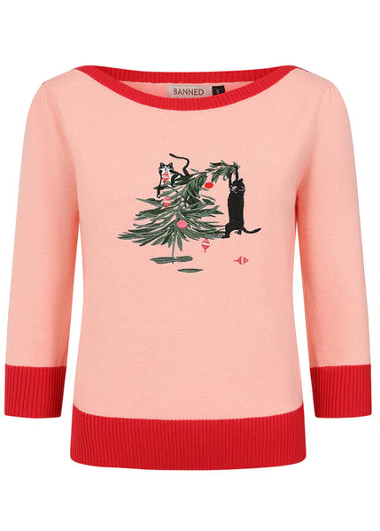 Banned Retro Kiki Purrfect Christmas Knit Jumper in Pink Christmas