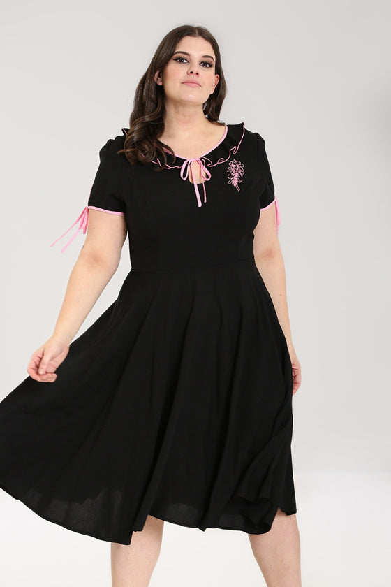 Hell Bunny Rosetta Dress Pink Embroidery and Ruffle Detailing