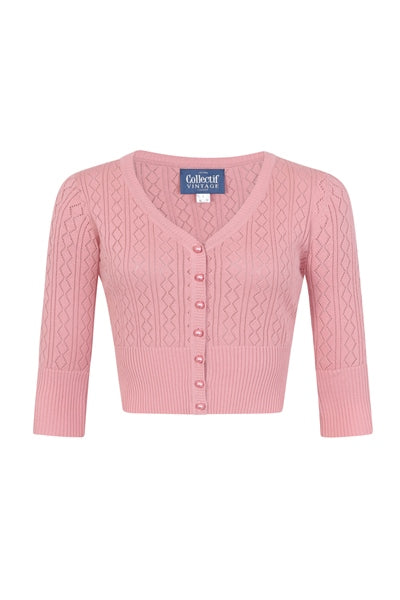 Collectif Linda Cardigan in Pink Classic Retro Pointelle Knit