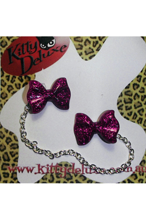 Kitty Deluxe Cardigan Clips in Pink Glitter Bow Design