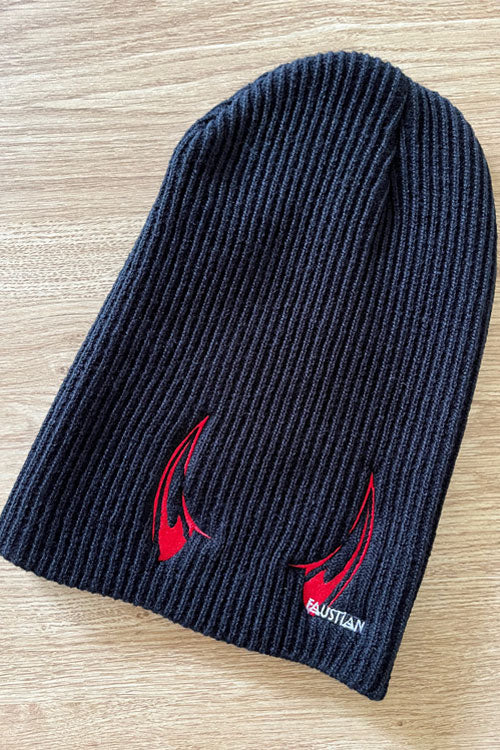 Dr Faust Red Horns Embroidered Beanie in Black