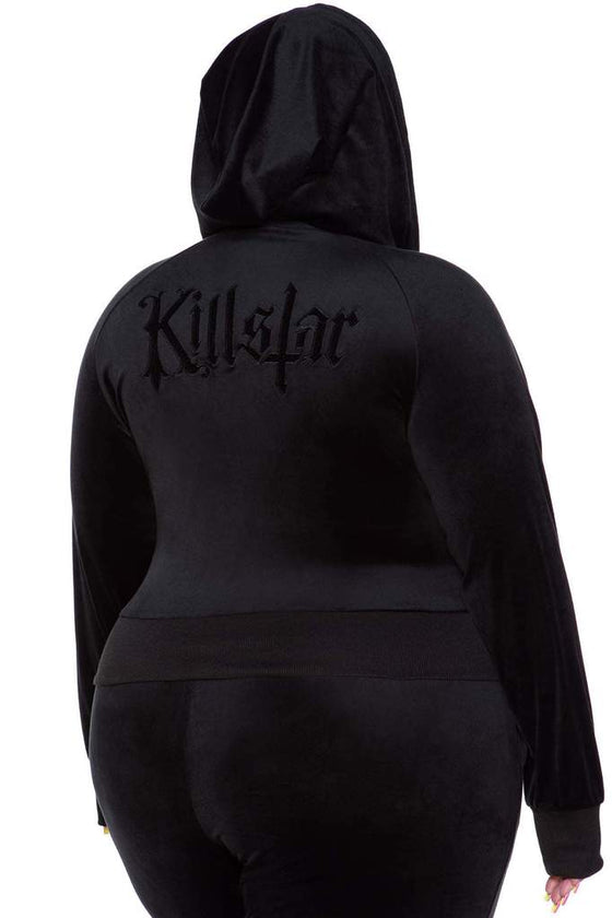 Killstar Just Crew-Sin Velvet Zip Front Long Sleeved Hoodie in Black