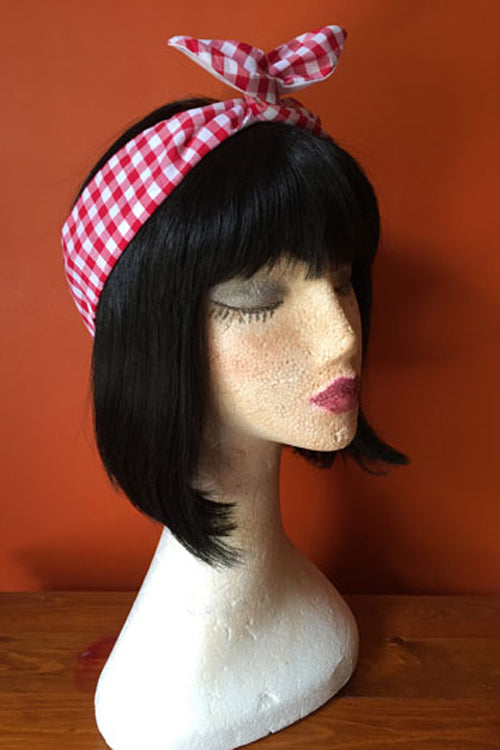 Reversible Wired Headband in Red Gingham Print & White
