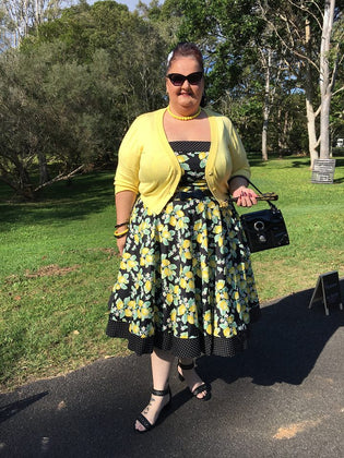  Hell Bunny Leandra 50s Dress and MAK Cardigan in Baby Yellow by Jacqui Wallace