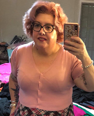  MAK Sweaters Cropped Cardigan with Short Sleeves in Light Pink by Danielle Lucas