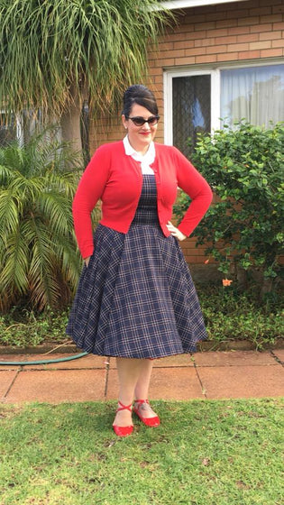  Hell Bunny Peebles Pinafore in Navy and Red Paloma Cardigan by Briony Bermingham