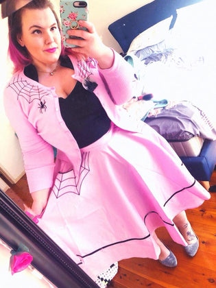  Hell Bunny Miss Muffet Skirt in Pink with Hell Bunny Spider Cardigan in Pink by Ellie-Mae Smith