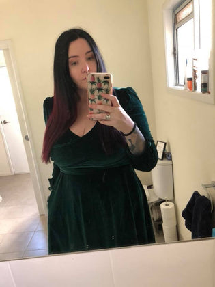  This is the Dolly & Dotty Katherine Long Sleeve Swing Dress in Green Velvet by Krista Bagley