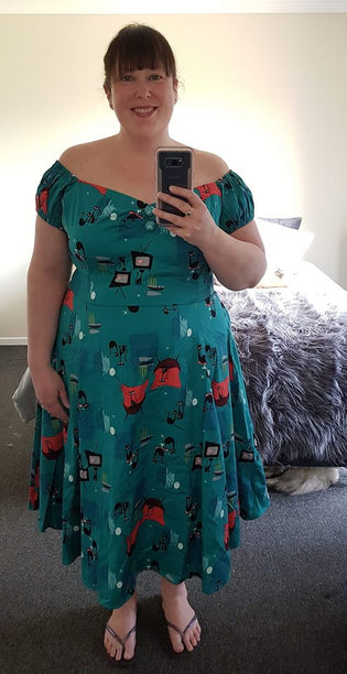  Collectif Dolores Doll Dress in Atomic Cats Print by Carmen Burns