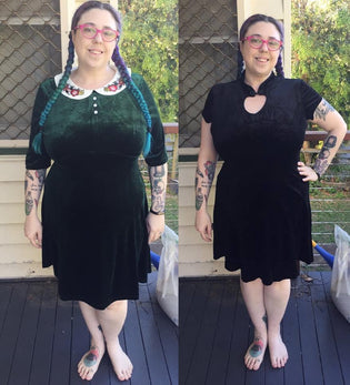  Hell Bunny Nicola Mini Dress in Green & Spin Doctor Mika Dress in Black by Emilie Obscura