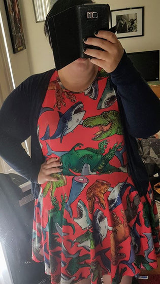 Offend My Eyes Dino Vs Shark Skater Dress in Orange/Pink by Eryn Green