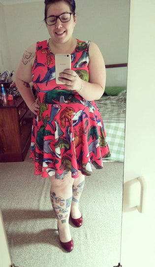  Offend My Eyes Dino Vs Shark Skater Dress in Orange/Pink by Morgaan Wilson