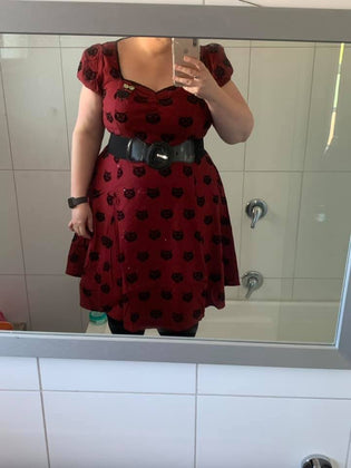  Collectif Mimi Doll Dress in Red Velvet Flocked Cat Print by Carmen Woodward