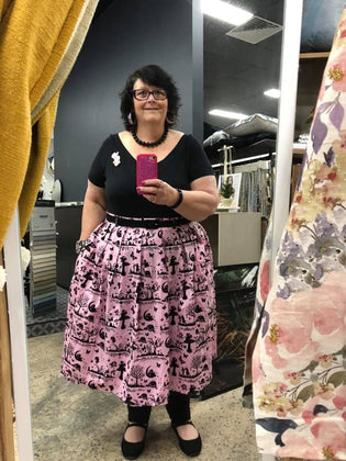  Hell Bunny Alex Top in Black & Hell Bunny Anderson 50's Skirt in Pink by Joanne Gooch