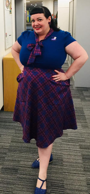  MAK Sweaters Cropped Cardigan with Short Sleeves in Royal Blue & Chicstar Olsen 50's Dress with Pussybow in Purple by Melissa Shelford