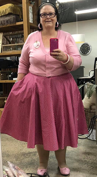  MAK Sweaters Cropped Cardigan with 3/4 Sleeves in Light Pink & Pamela Mann Hosiery Curvy Super-Stretch 50 Denier Tights in Natural/Nude by Joanne Gooch