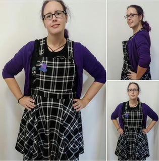  Hell Bunny Islay Pinafore in Black and White with a Purple Paloma Cardigan by Kylee Eichler