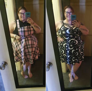  Hell Bunny Islay Pinafore Dress in Pink & Black Tartan & Killstar Under The Stars Sundress by Temena Jane