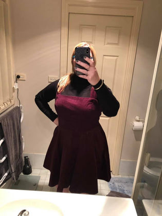  Hell Bunny Wonder Years Pinafore in Wine & Spiros Top in Black by Sharon Stone