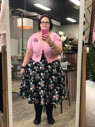  Hell Bunny Lily Rose Dress and MAK Short Sleeve Light Pink Cardigan by Joanne Gooch
