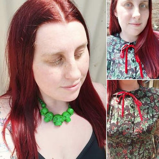  Kreepsville 666 Skull Necklace in Slime Green & Holly Berry Blouse in Black by Kim Lewis