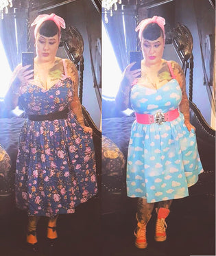  Hell Bunny Violetta 50's Dress, Hell Bunny Daydream Mid Dress and Kreepsville 666 Pink Skull Belt by Jasmine George