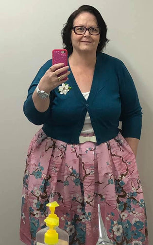  Hell Bunny Jenna Skirt and MAK Sweaters 3/4 Sleeved Cardigan in Teal by Joanne Gooch