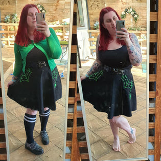  Hell Bunny Miss Muffet Skater Skirt with Green and Skelli Blouse by Kim Moyse