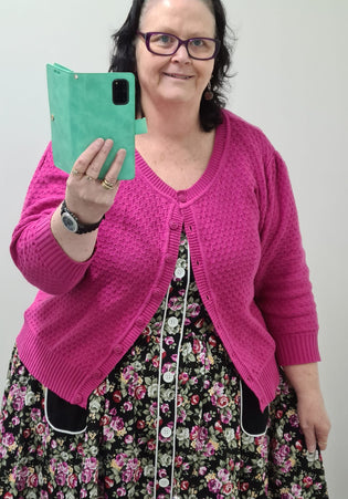  MAK Sweaters Chunky Vintage Knit Cardigan with 3/4 Sleeves in Magenta by Joanne Gooch