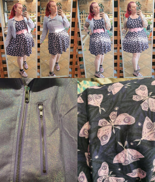  Collectif Outlaw Biker Jacket in Purple Glitter and Retrolicious Skater Dress in Moths by Kim Moyse