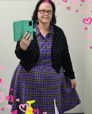  Sourpuss Button Front Shirt Dress in Purple Plaid by Joanne Gooch