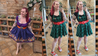  Hell Bunny Brittany Pinafore in Green (Pre-order) and Collectif Jasmine Skirt in Magic Potions by Kim Moyse