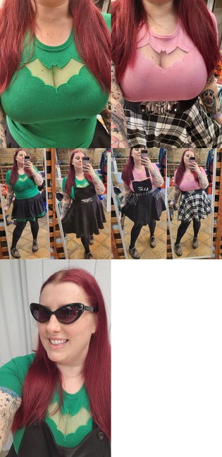  Hell Bunny Bat Tops in Pink and Green and Killstar Cosmic Glitter Sunglasses by Kim Moyse