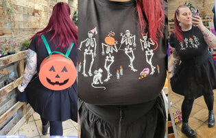  Collectif Jack-o-lantern Rucksack, Collectif Seleton Boo-Gie T-shirt and Killstar Yuna Skirt by Kim Moyse