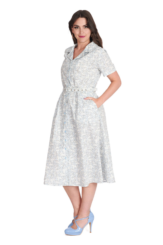 Banned Mieow Shirt Dress with Belt in Light Blue Cat Print