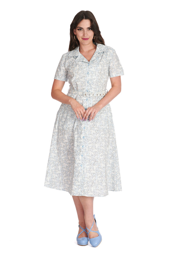Banned Retro Mieow Shirt Swing Dress with Belt in Light Blue Cat Print