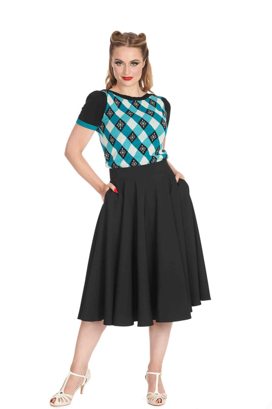 Banned Retro Darts and Checks Top Jumper in Teal Knitted Retro Print Argyle
