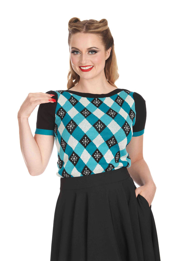 Banned Retro Darts and Checks Top Jumper in Teal Knitted Retro Print Argyle