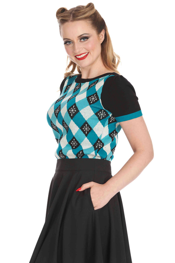Banned Retro Darts and Checks Top Jumper in Teal Knitted Retro Print Argyle