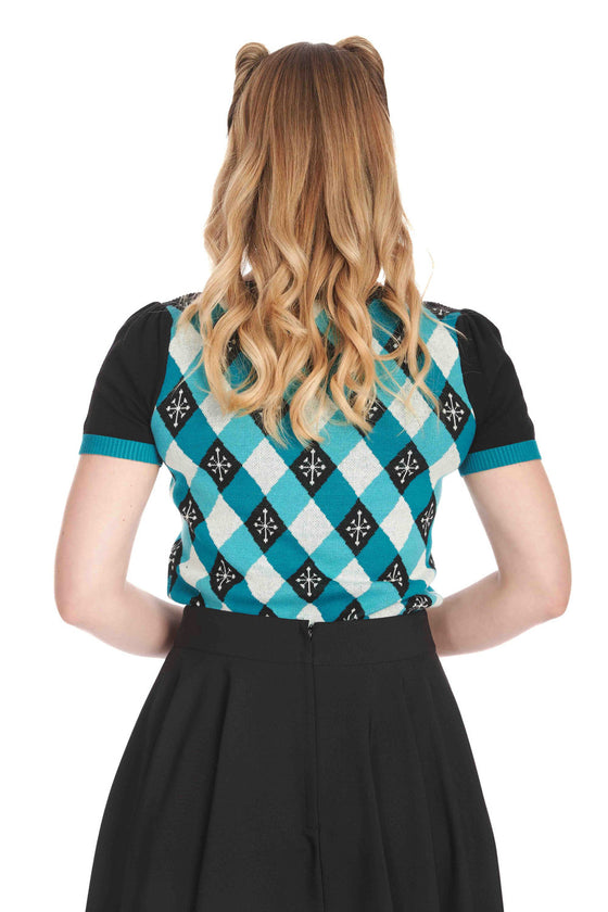 Banned Retro Darts and Checks Top Jumper in Teal Knitted Retro Print Argyle