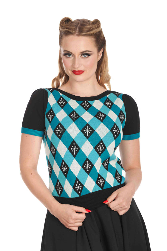 Banned Retro Darts and Checks Top Jumper in Teal Knitted Retro Print Argyle
