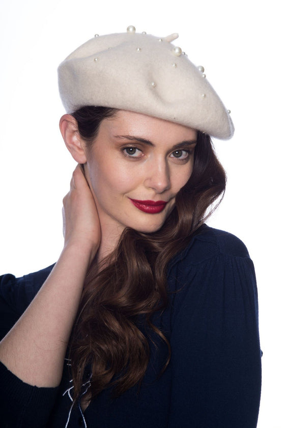 Banned Pearl Beret Off White with Pearl Look Beading