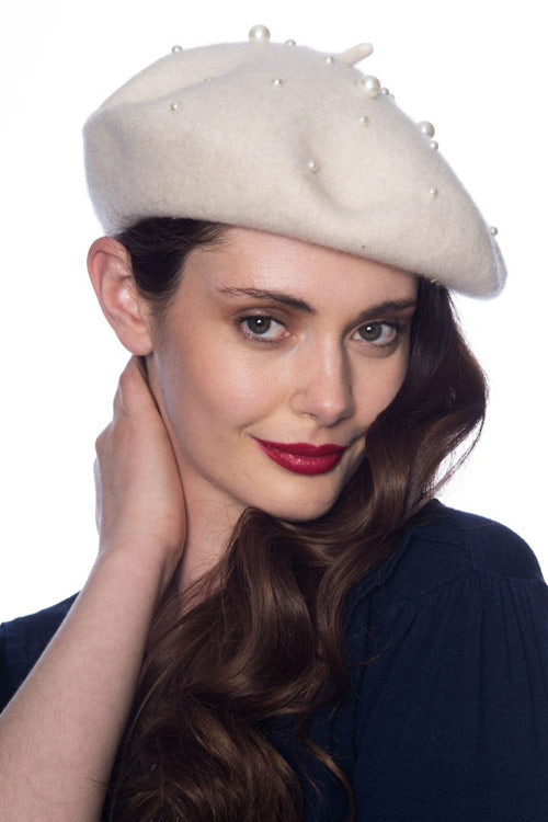 Banned Pearl Beret Off White with Pearl Look Beading