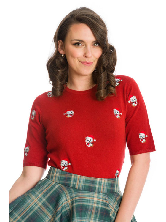 Banned Holly Cat Top in Red Christmas
