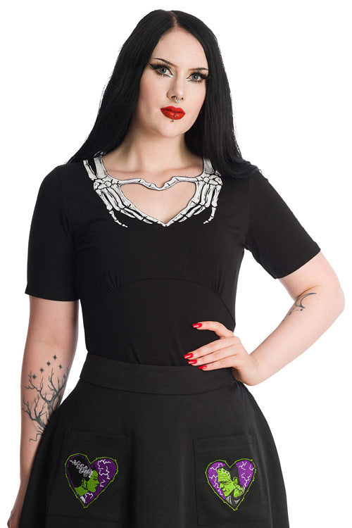 Banned Alternative Skeleton Heart Hands Top in Black